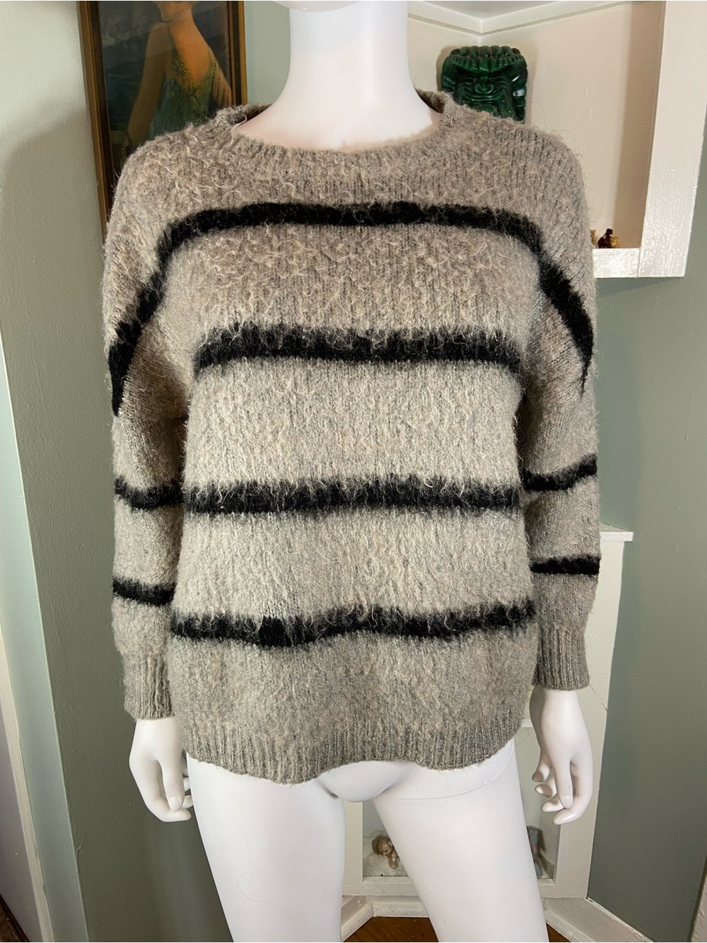 Galeries Lafayette Striped Fuzzy Mohair Blend Crewneck Sweater XSmall XS